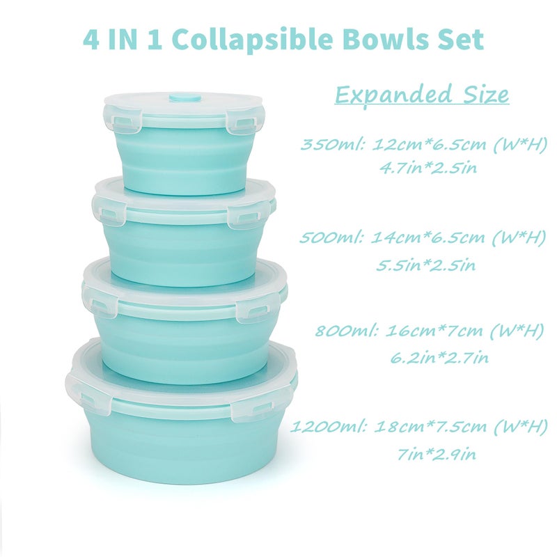 CARTINTS Silicone Collapsible Food Storage Containers-Prep/Storage Bowls with Lids â€“ Set of 4 Round Silicone Lunch Containers â€“ Microwave and Freezer Food Containers (Blue) - Image 2